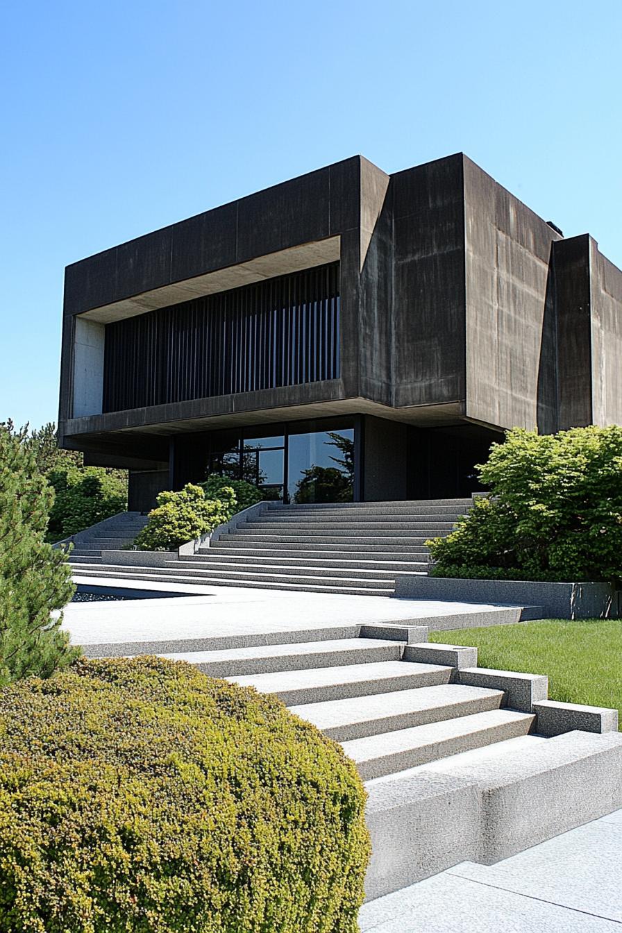 Modern concrete building with lush greenery