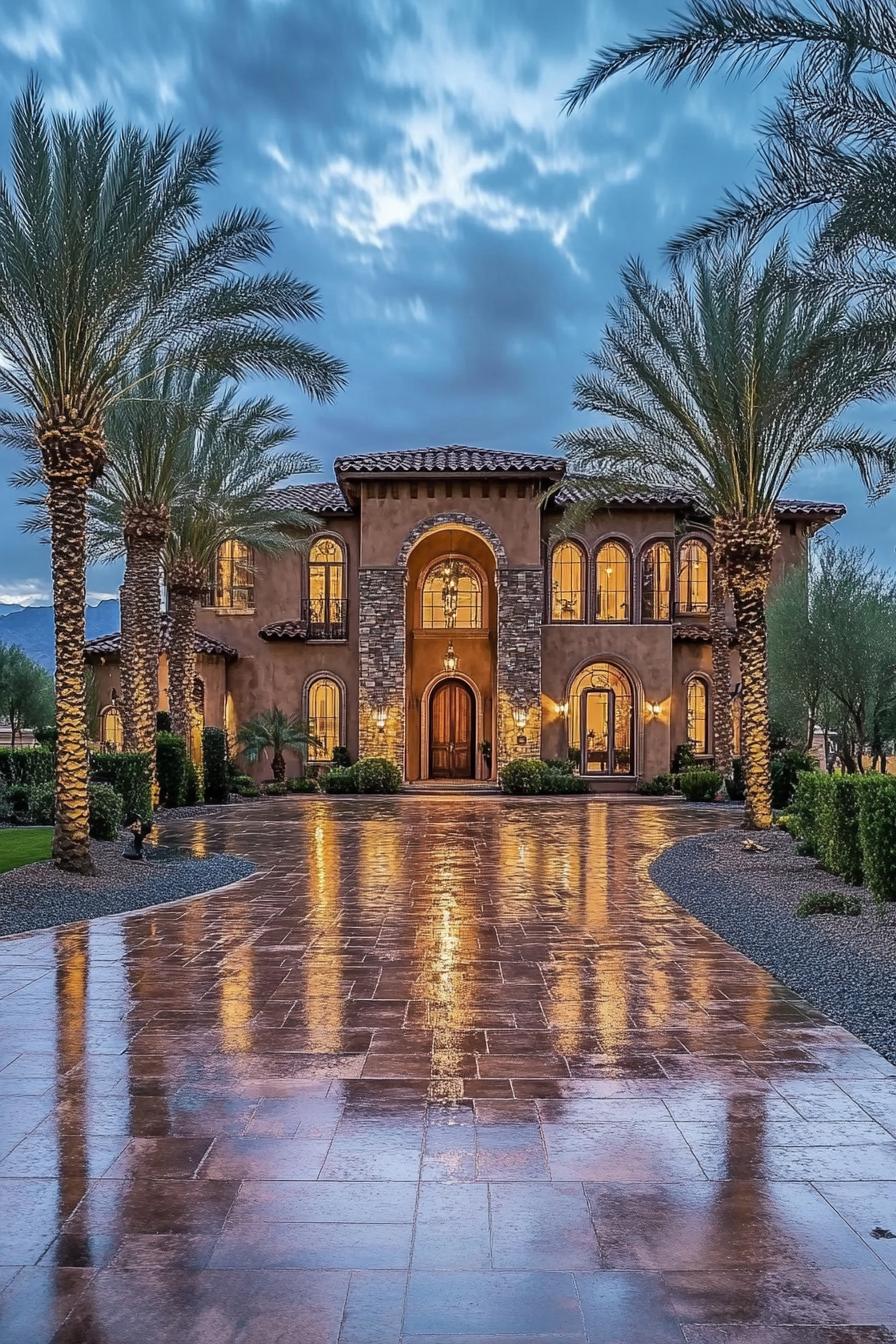 Elegant Tuscan villa with palm-lined entrance