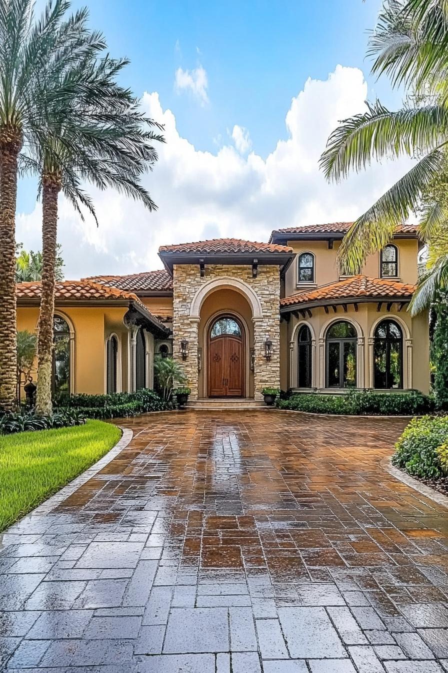 modern Tuscan house exterior grand and symmetrical facade stucco walls with stone accents curvilinear structure clay tile roofing arched and 2