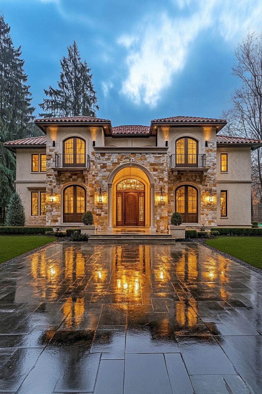 Elegant Tuscan manor reflecting on wet stone path