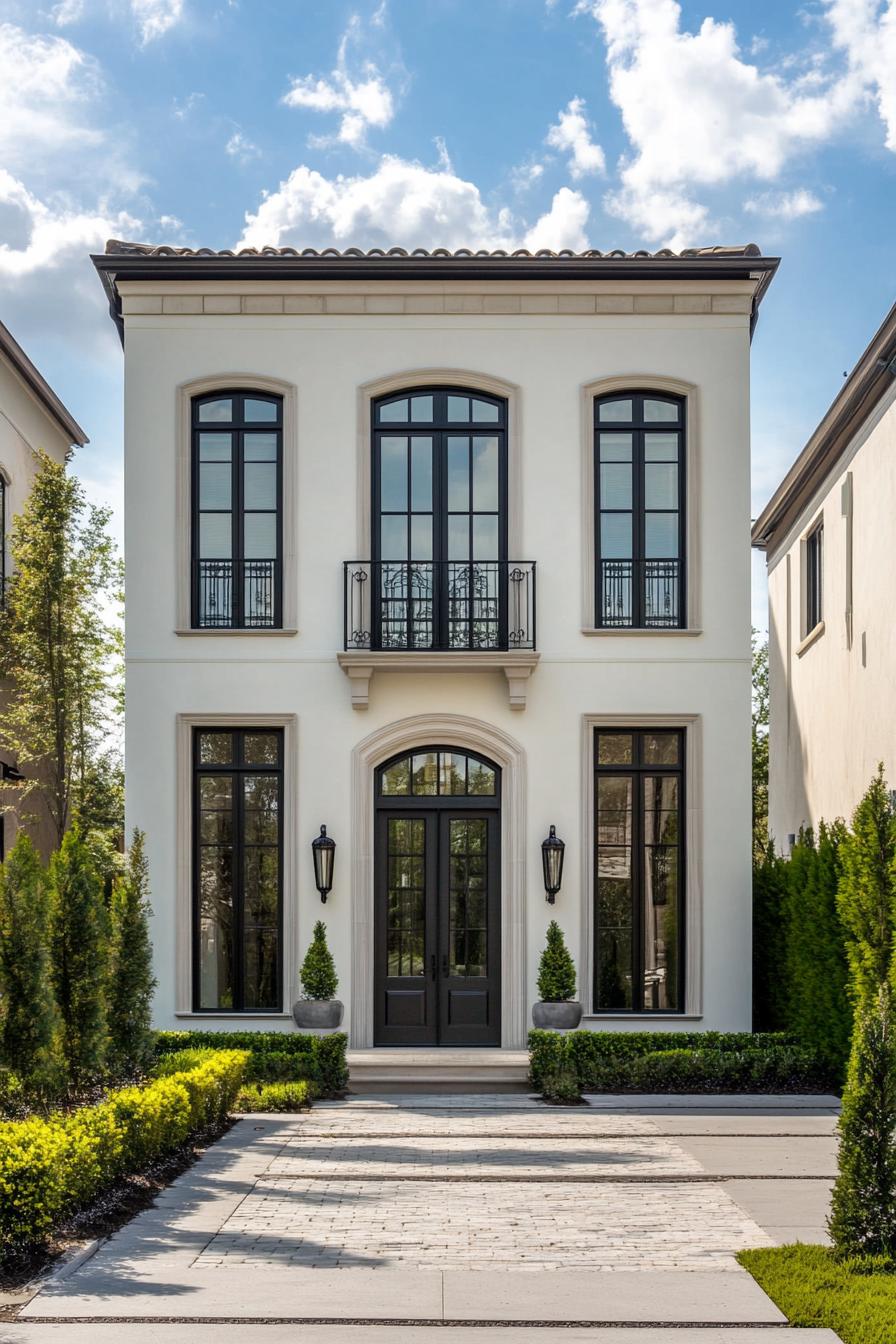 Modern townhouse with large arched windows and symmetrical design