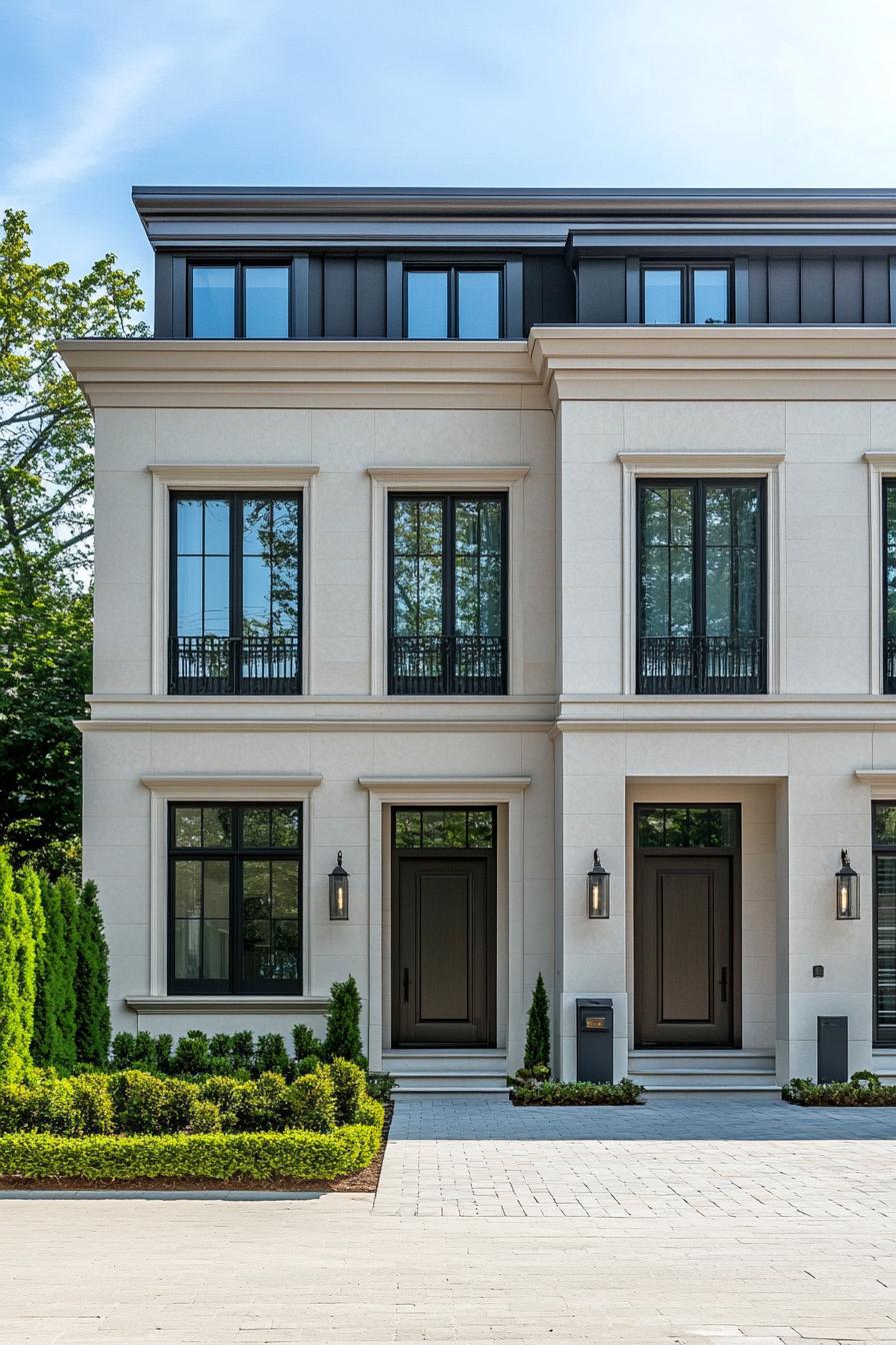 Modern townhouse with sleek black accents and lush landscaping