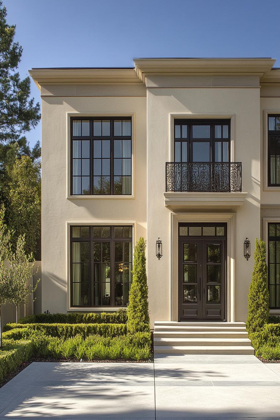 Townhouse with tall windows and manicured bushes