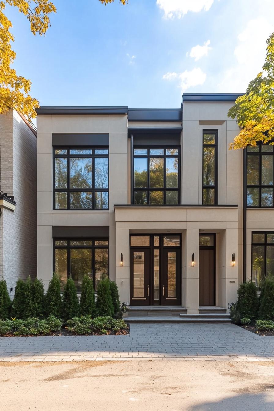 Modern townhouse facade with large windows and greenery