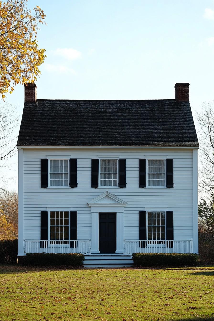 White colonial house with black shutters and a green lawn