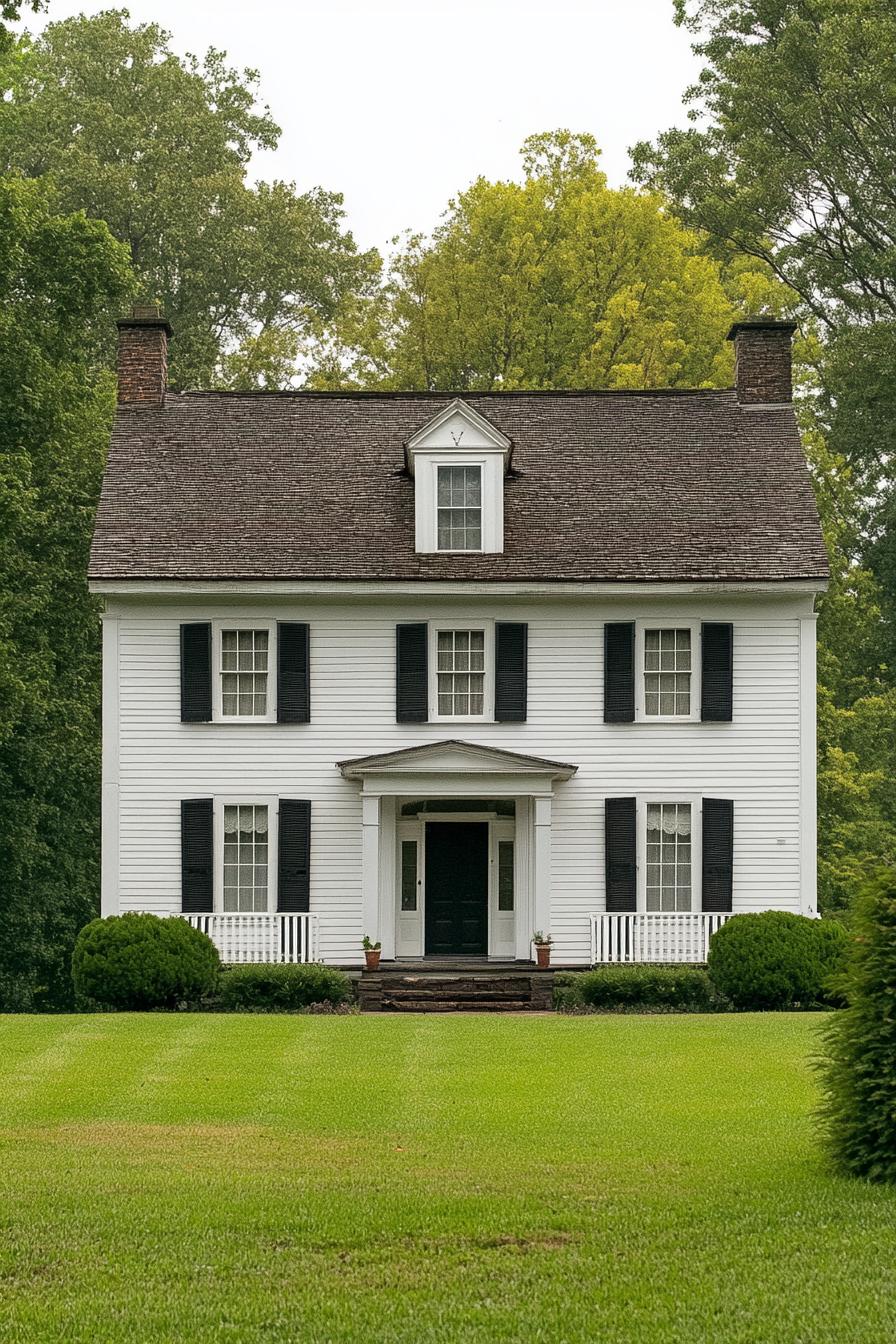 White colonial-style house with black shutters and a large green lawn