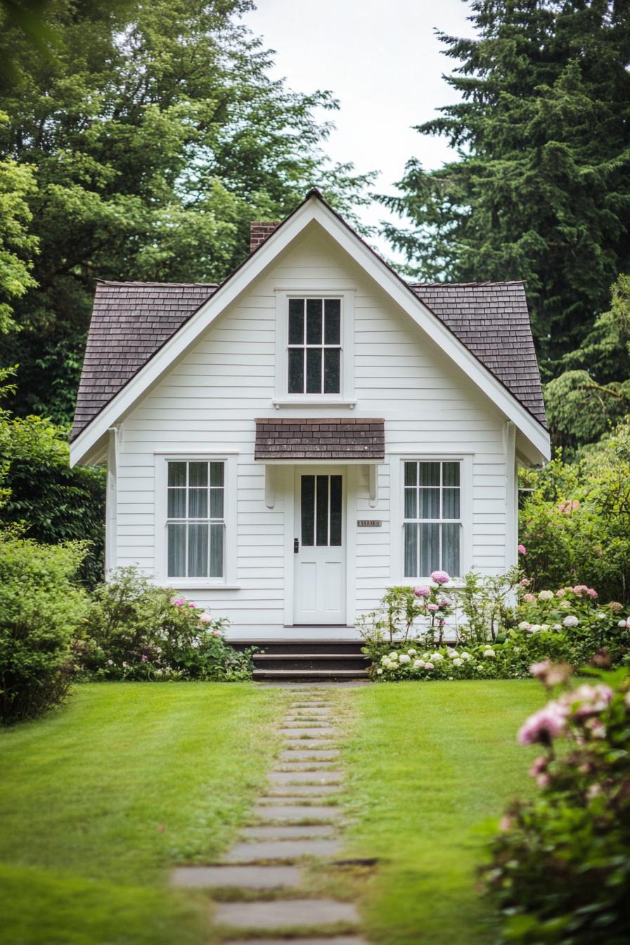 Charming white cottage surrounded by greenery and flowers