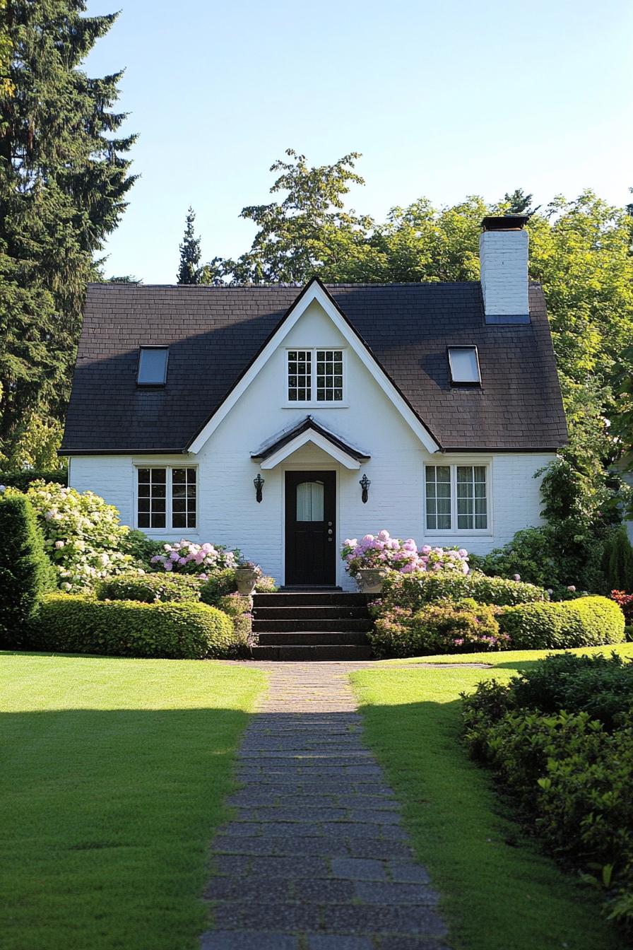 Charming white cottage with lush garden and black roof