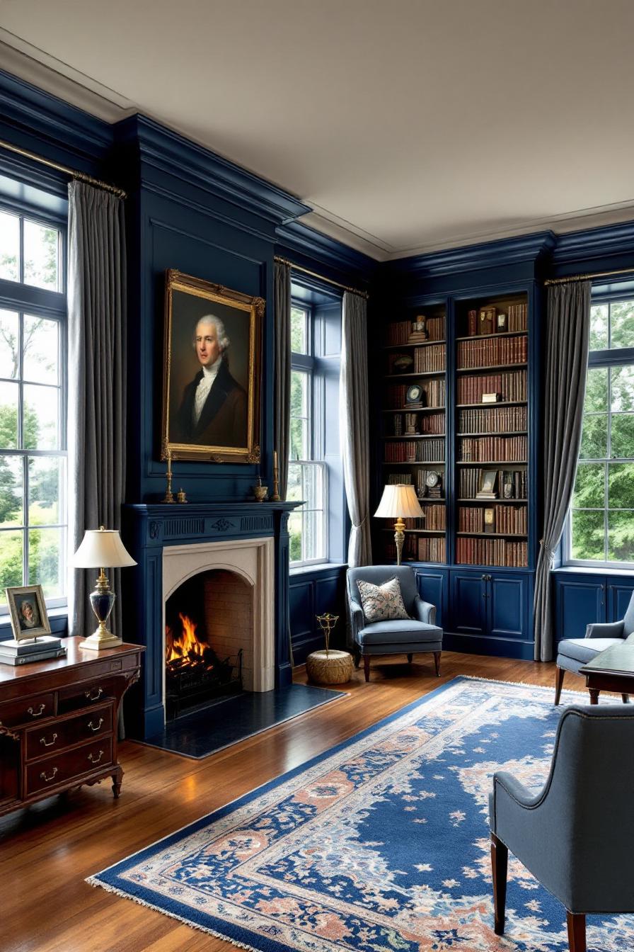 Colonial-style room with blue walls, a portrait, and a cozy fireplace