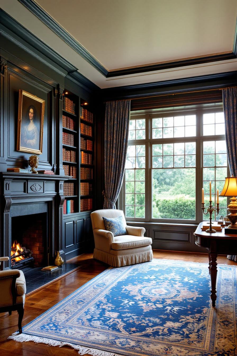 Colonial room with elegant blue rug and large window