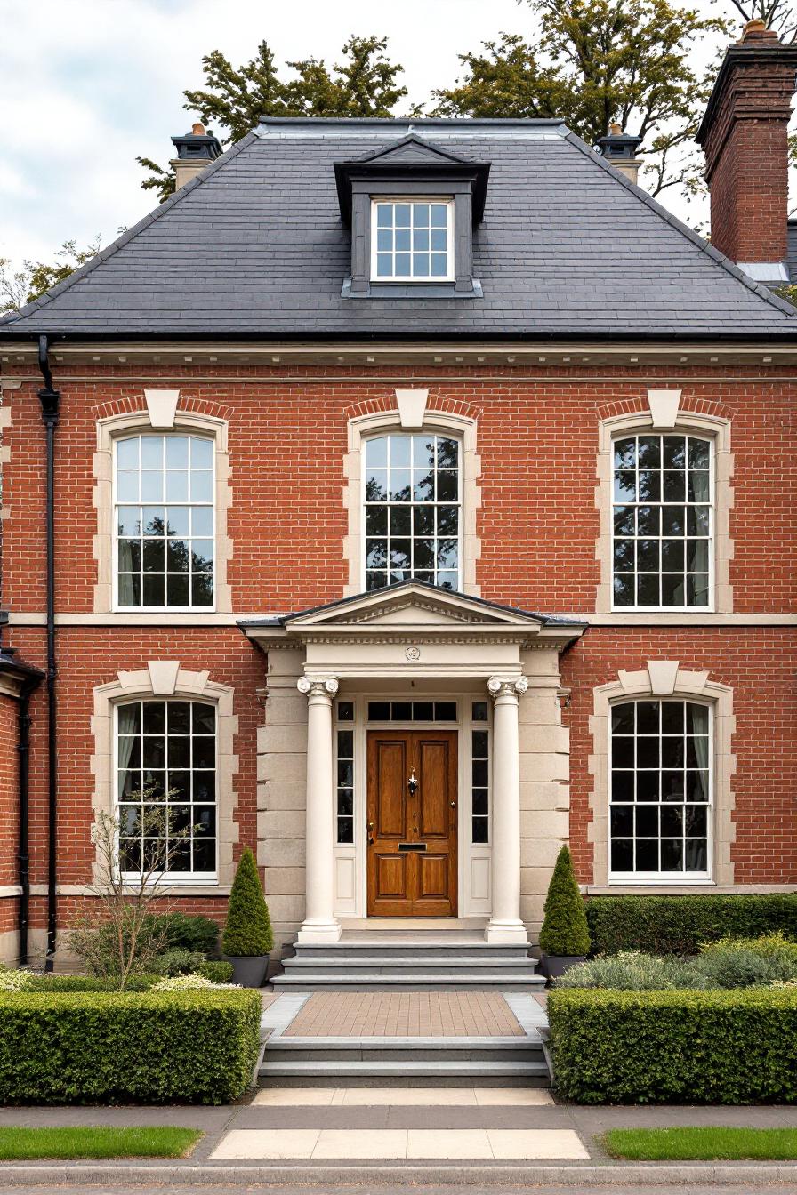 Elegant Georgian-style house with red brick facade and arched windows