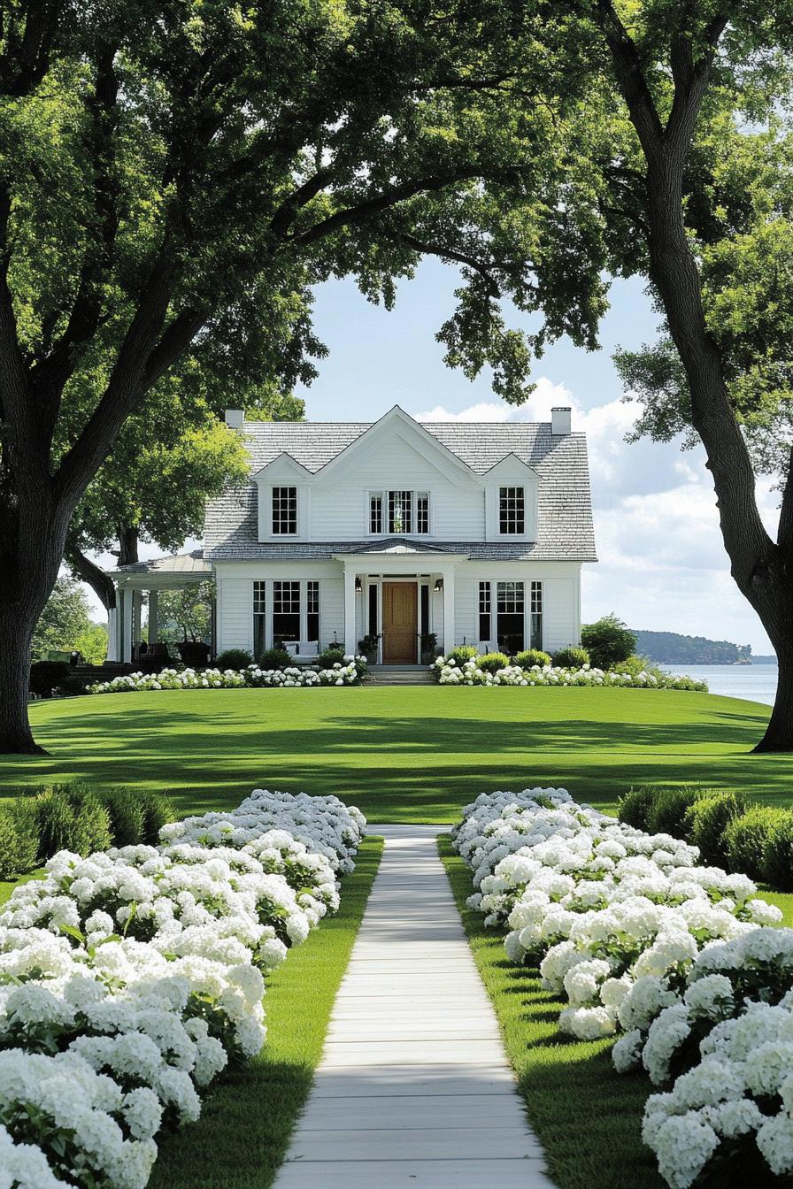 Charming white house with a lush garden pathway