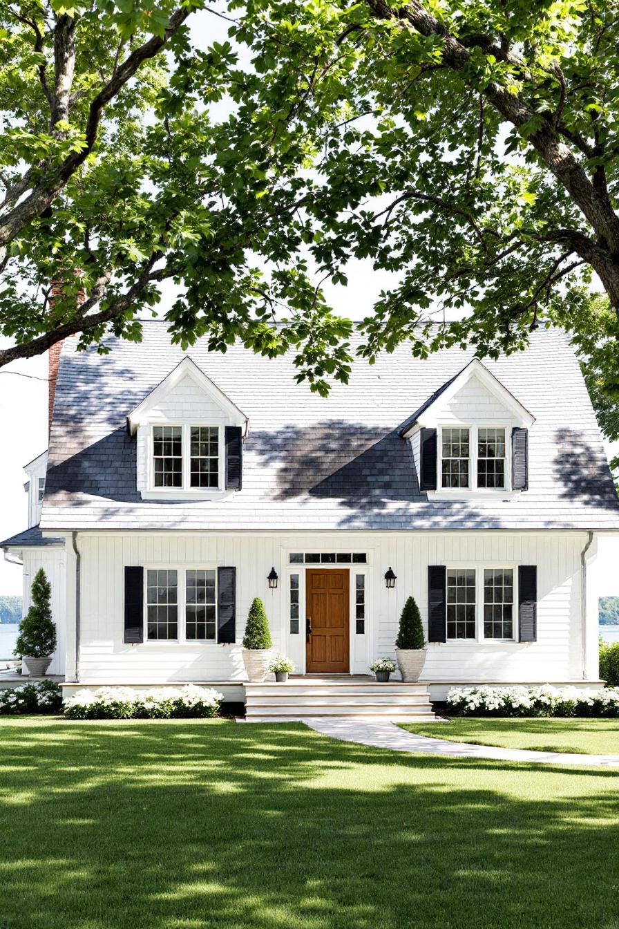 Classic white Hamptons style house with a lush front yard