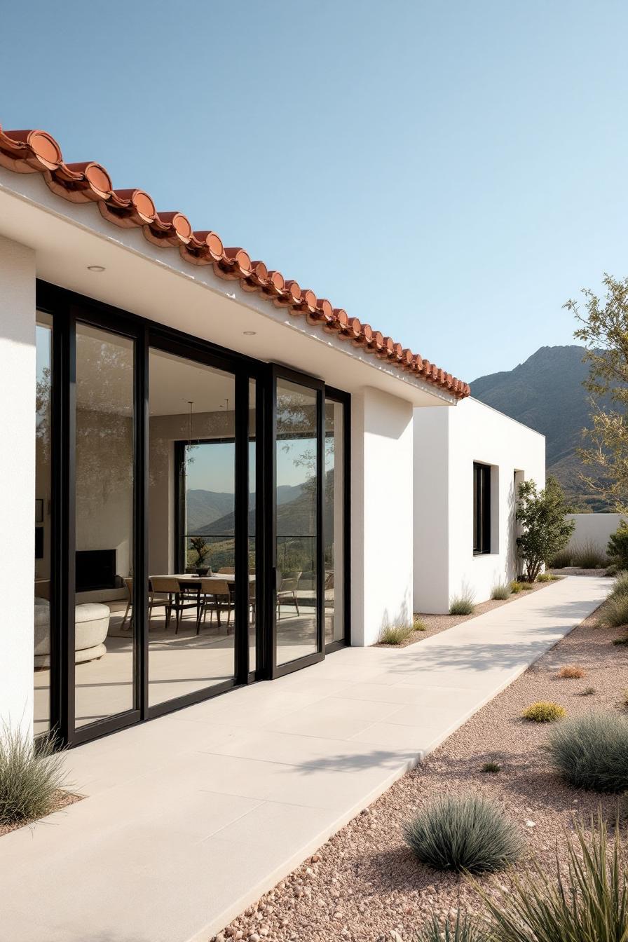 Contemporary house with large glass doors and terracotta roof