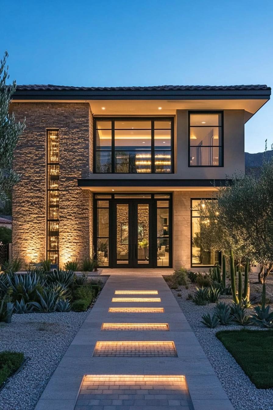 Modern two-story Mediterranean house with illuminated pathway