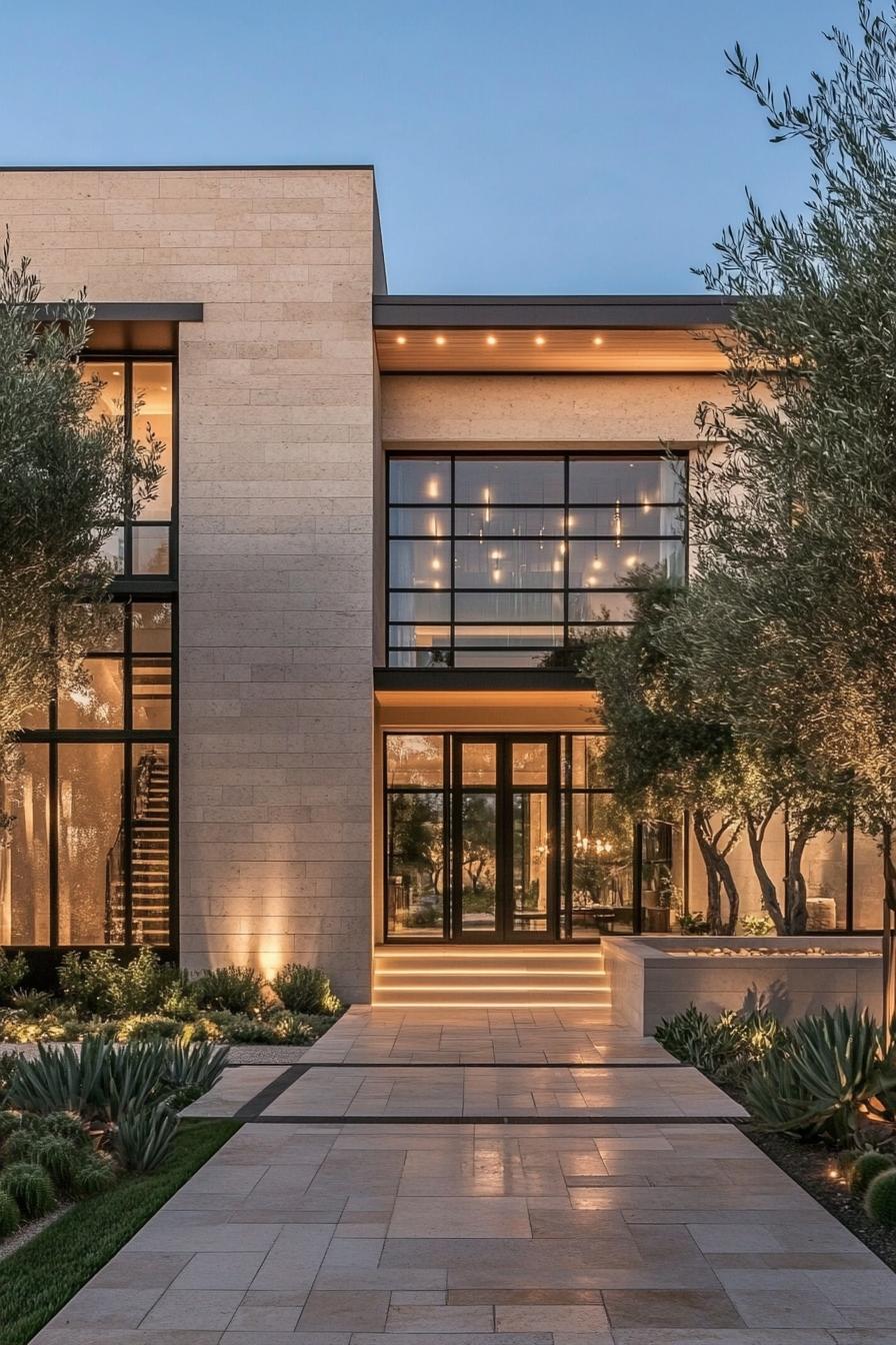 Contemporary Mediterranean house symmetrical two story facade clad in light stone tiles steel framed large modern windows flat roofing expansive