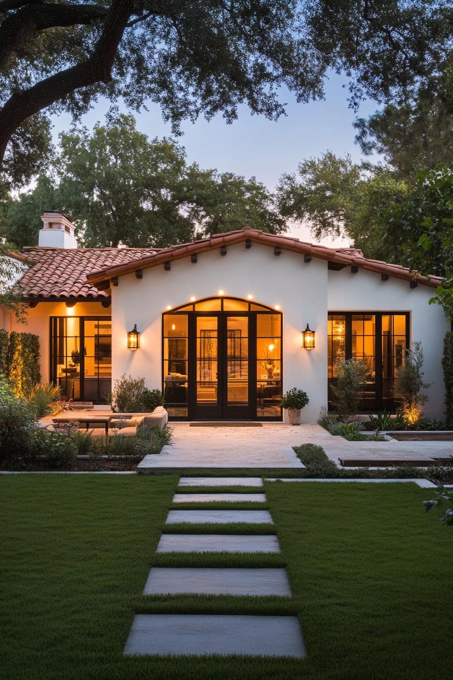 Spanish bungalow with glowing windows and lush greenery