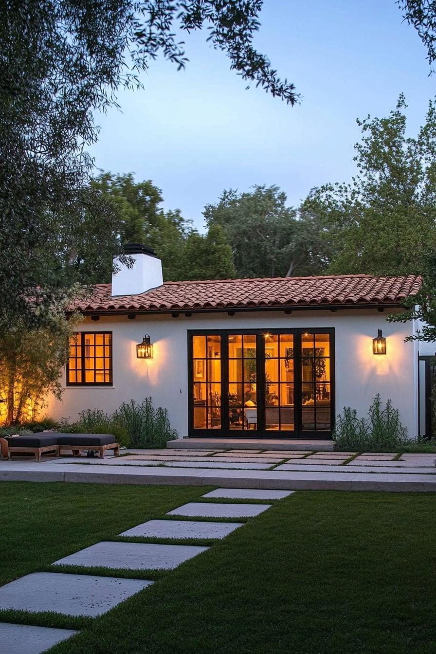 Cozy Spanish-style bungalow with glowing interior lights