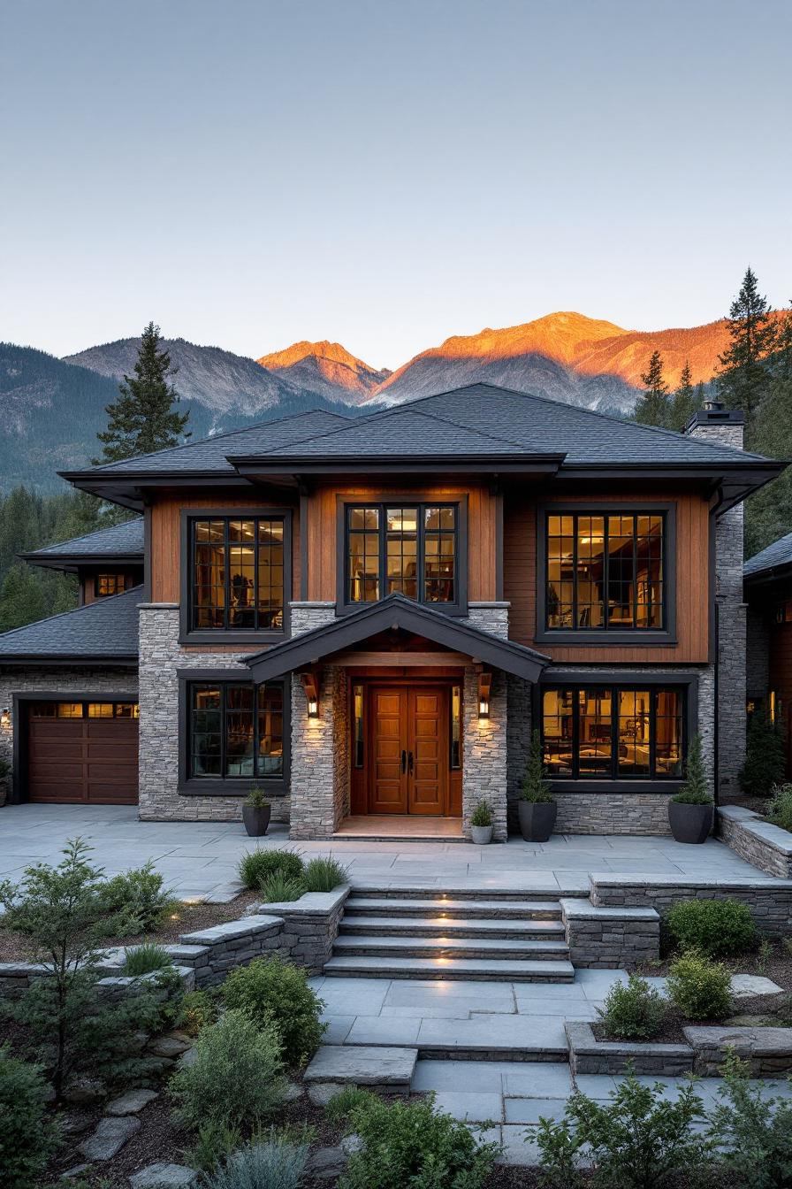 Elegant mountain craftsman house with stone and wood exterior