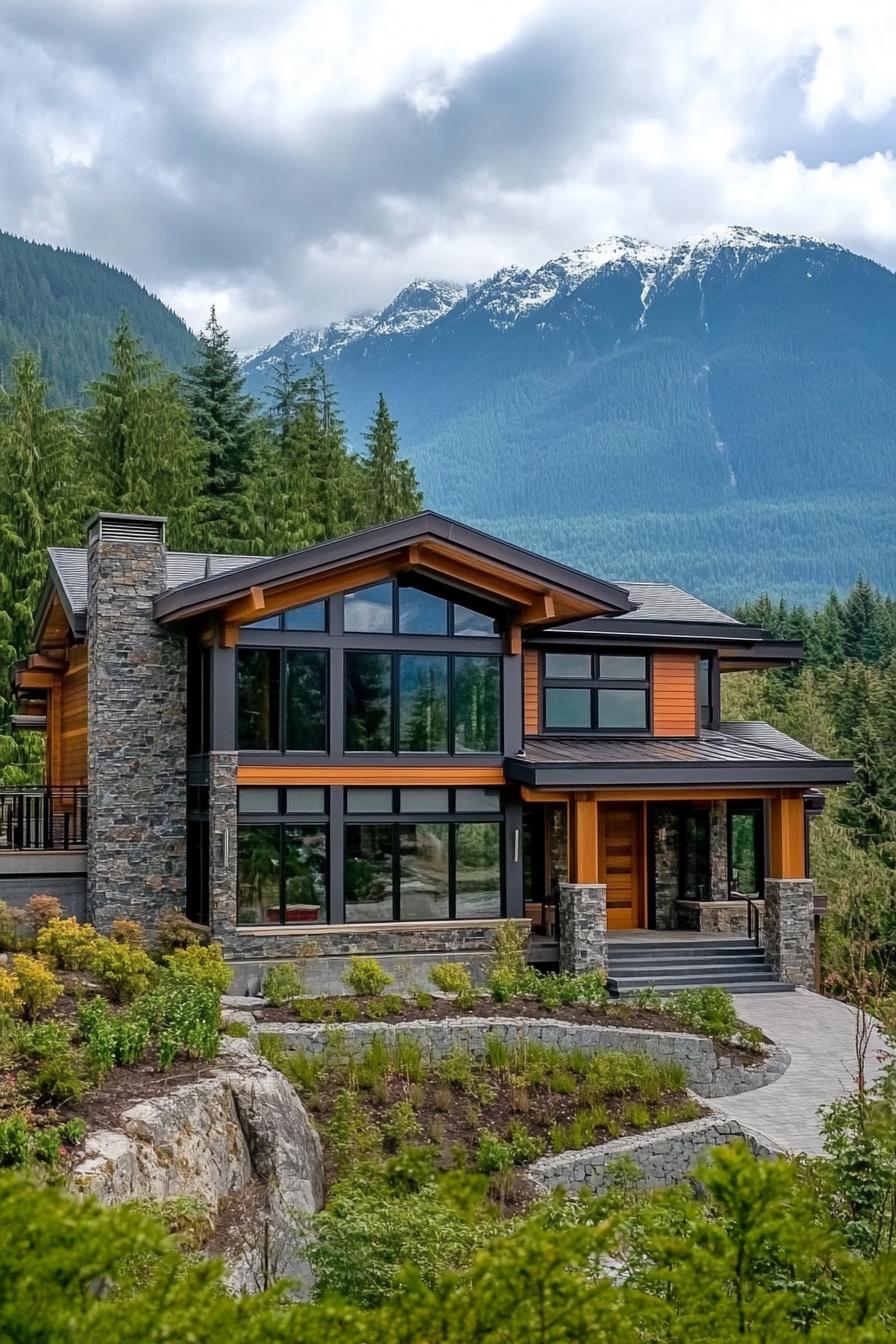 Mountain house with large windows and stone accents surrounded by lush greenery