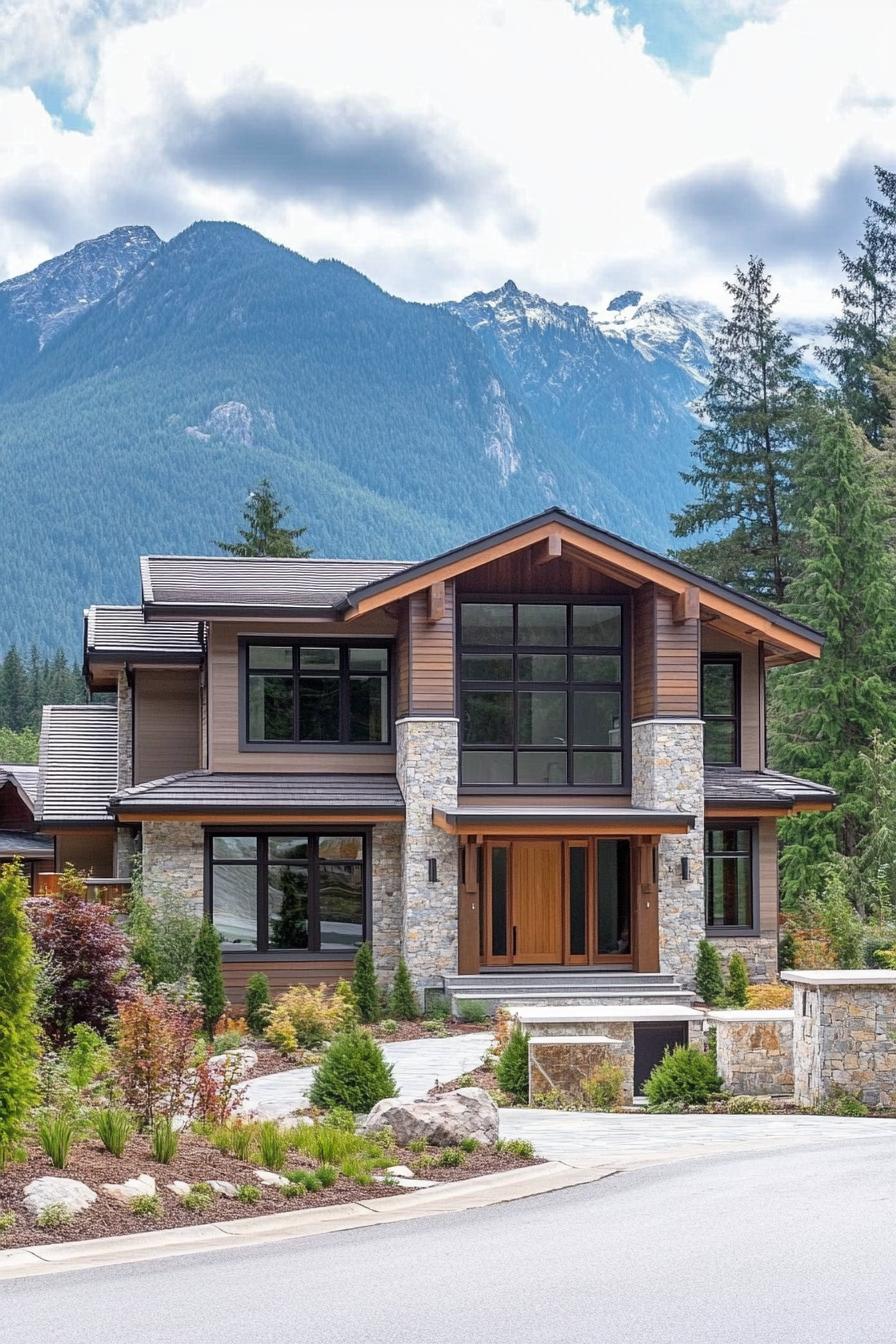 Modern mountain house with stone and wood exterior surrounded by lush greenery