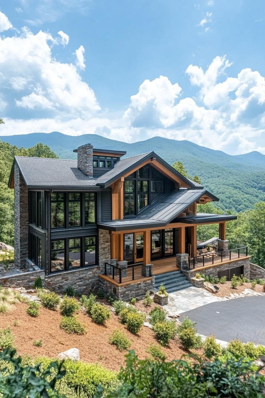 Modern mountain house with large windows and stone accents set against green hills