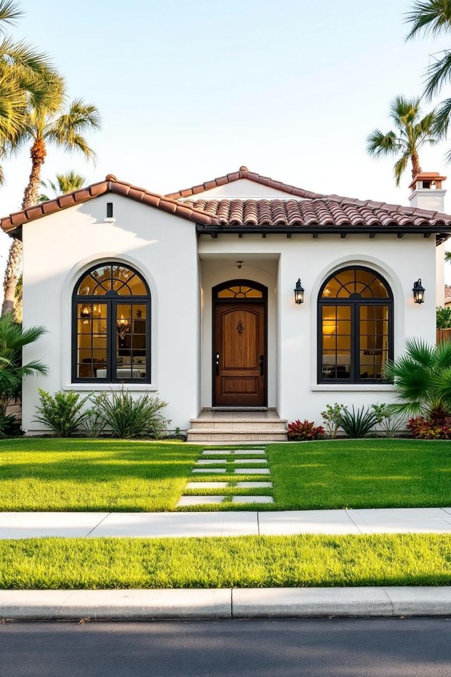 Spanish bungalow with arched windows and lush lawn