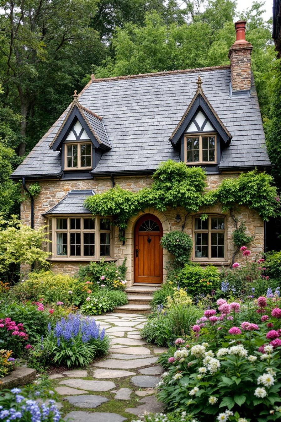 Stone cottage with flower-adorned pathway