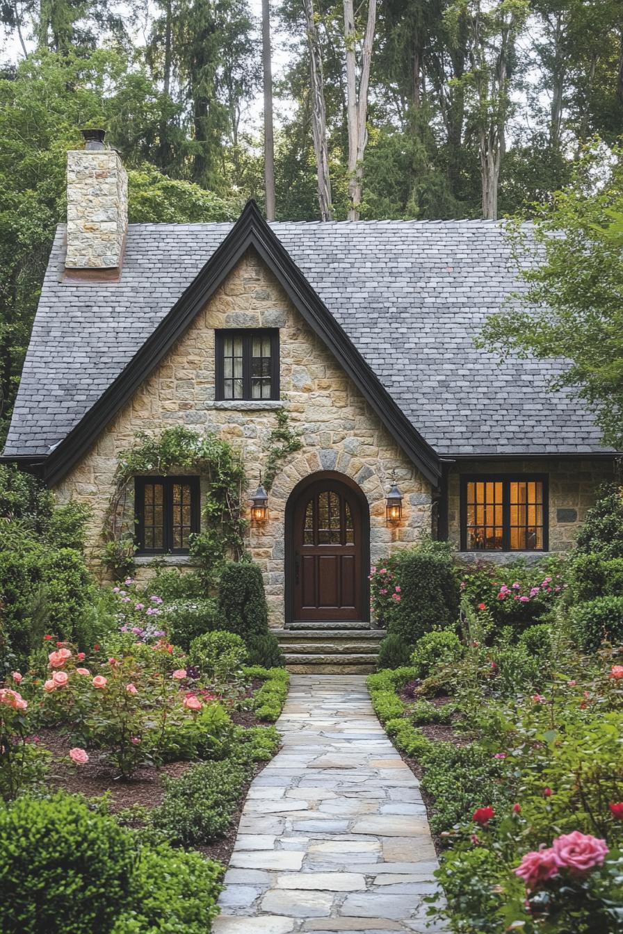 Quaint stone cottage nestled amidst lush greenery and vibrant flowers