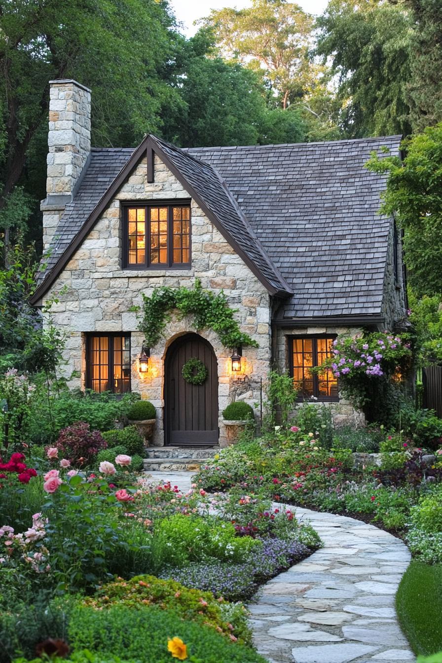 Stone cottage with a lush garden pathway