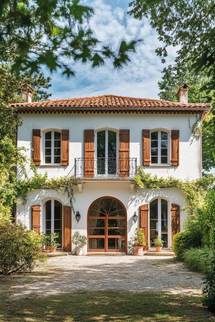 French home exterior with rustic shutters and a tiled roof