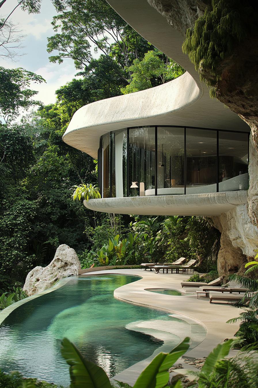 Futuristic home nestled in lush greenery with curvy architecture and pool