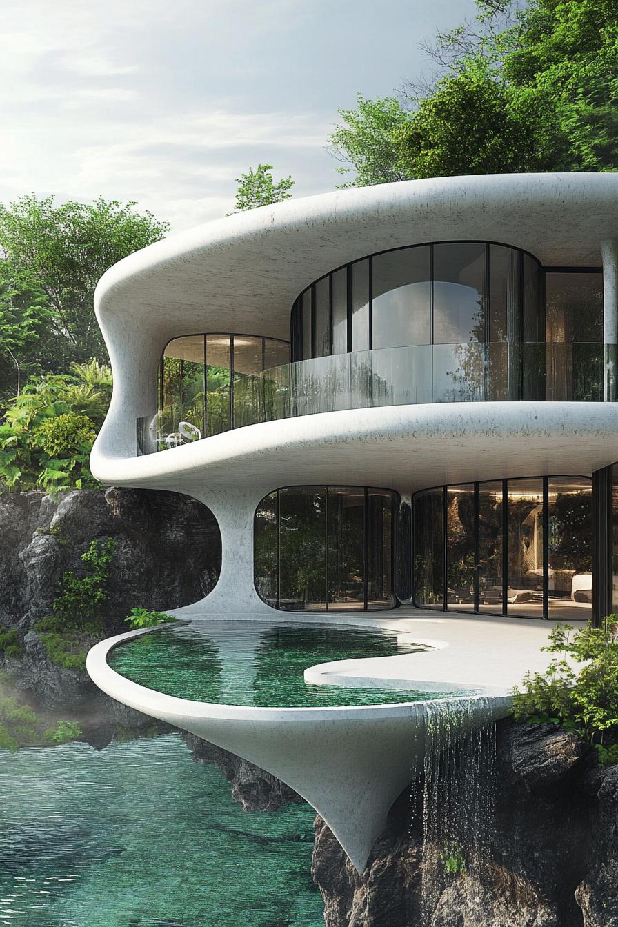 Futuristic home with curves, rocks, and water