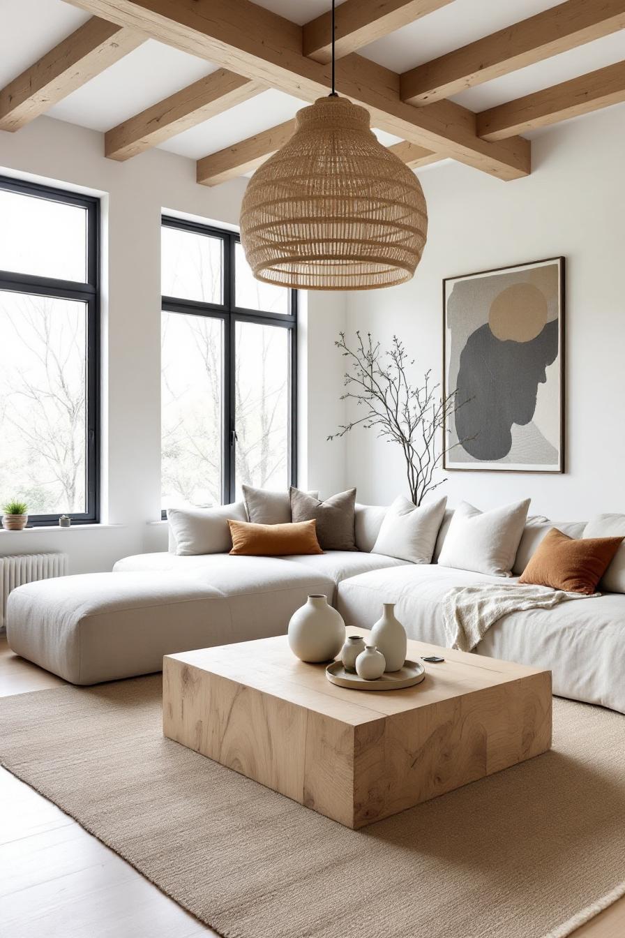 Minimalist living room with natural wood accents