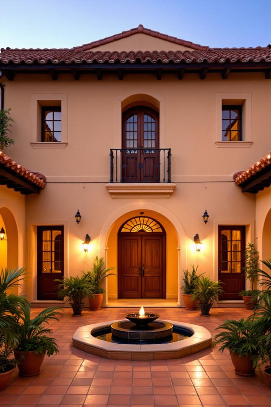 Elegant courtyard with fountain and arches