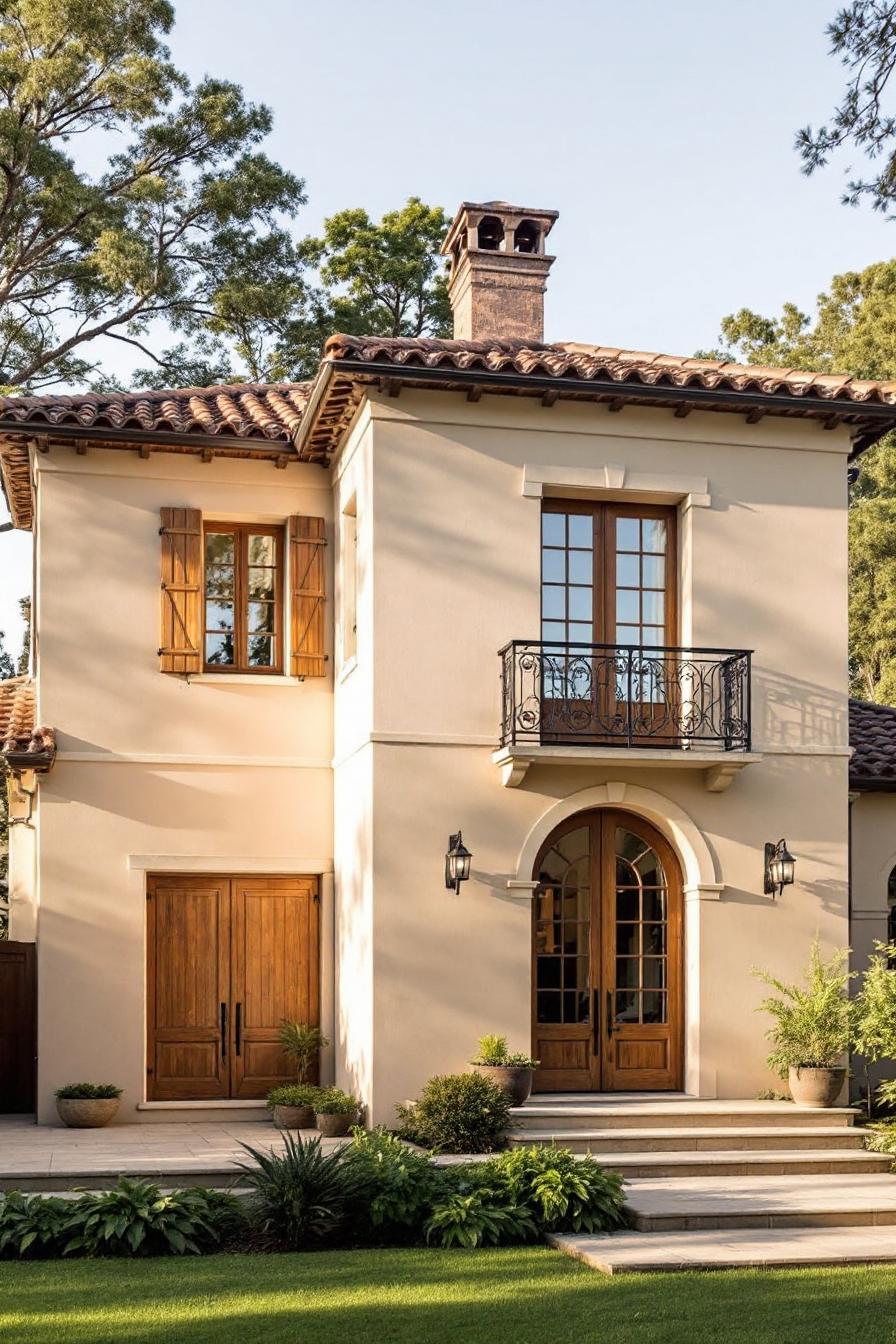 Charming French-style home with wooden accents and greenery