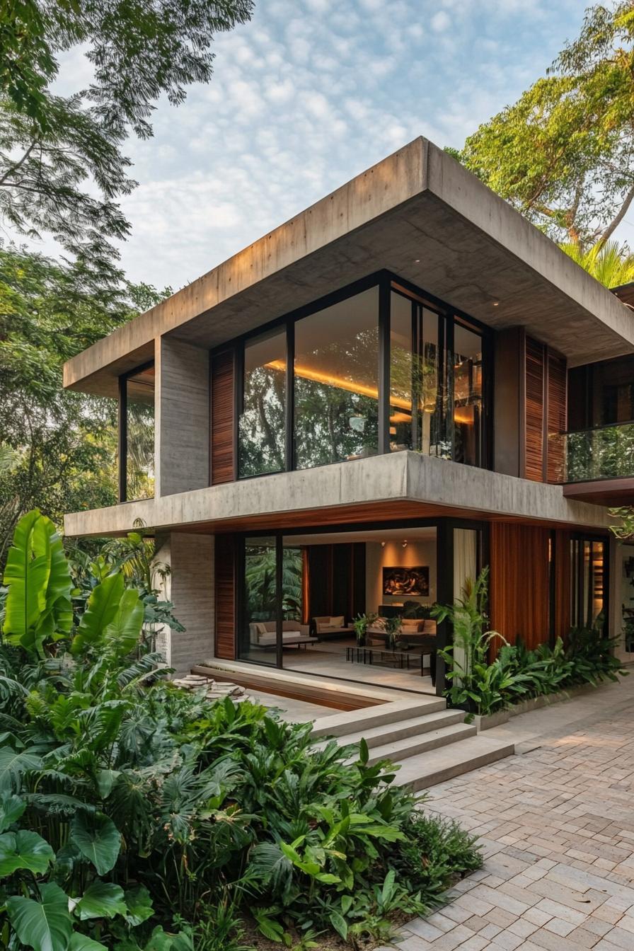 Modern Thai house with large windows surrounded by lush greenery