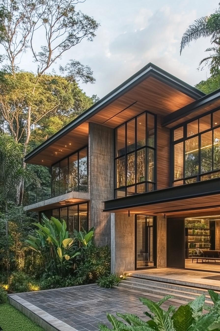 Contemporary Thai house with large glass windows and lush greenery