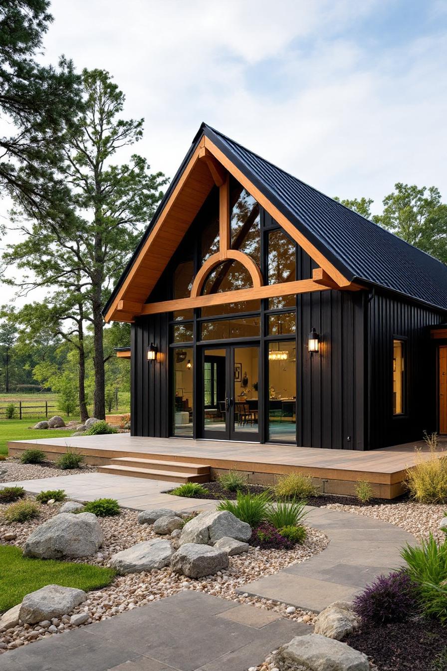 Modern barn house with large glass windows and wooden accents