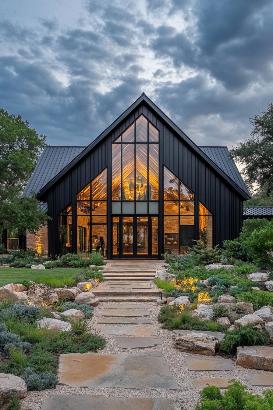 Modern barndominium with large glass facade and lush landscaping