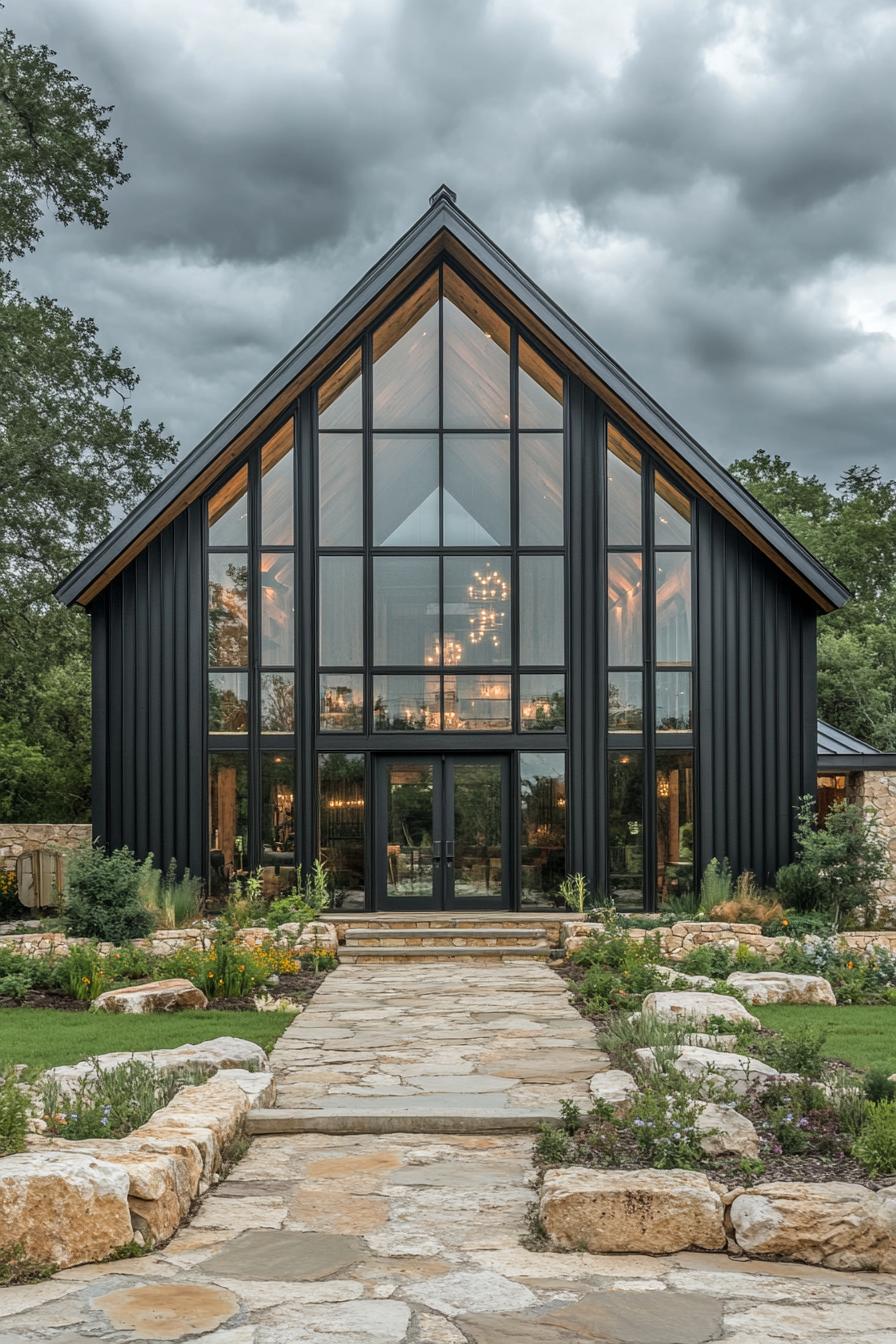 Modern barndominium with large glass front