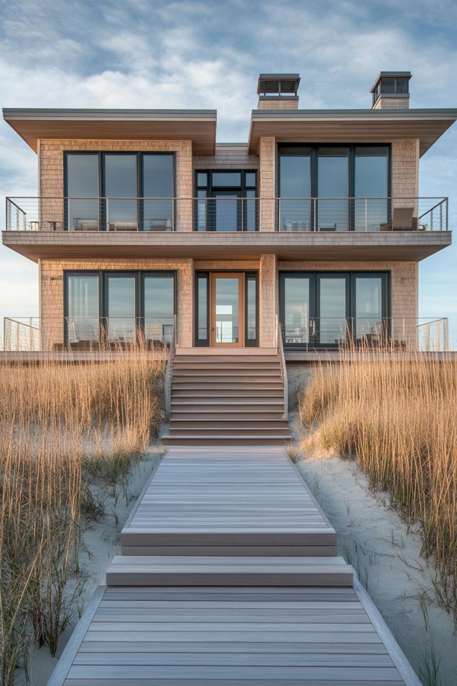 Contemporary beach house with large windows and a wooden walkway