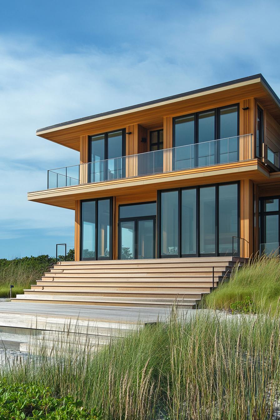 Two-story wooden beach house with large glass windows