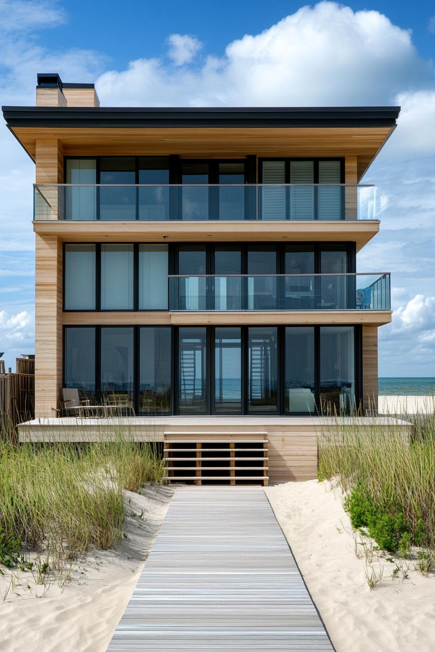 Contemporary beachfront home with large windows and wooden accents