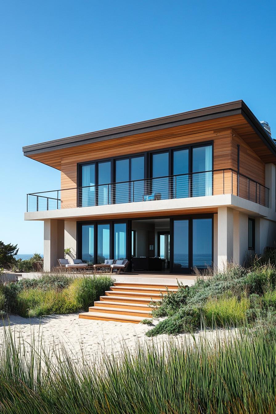 Modern beach house with expansive glass windows overlooking sandy landscape