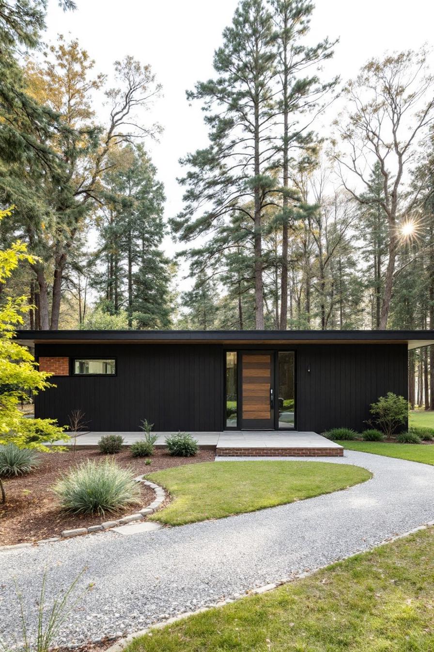 Dark wood bungalow amidst tall pine trees