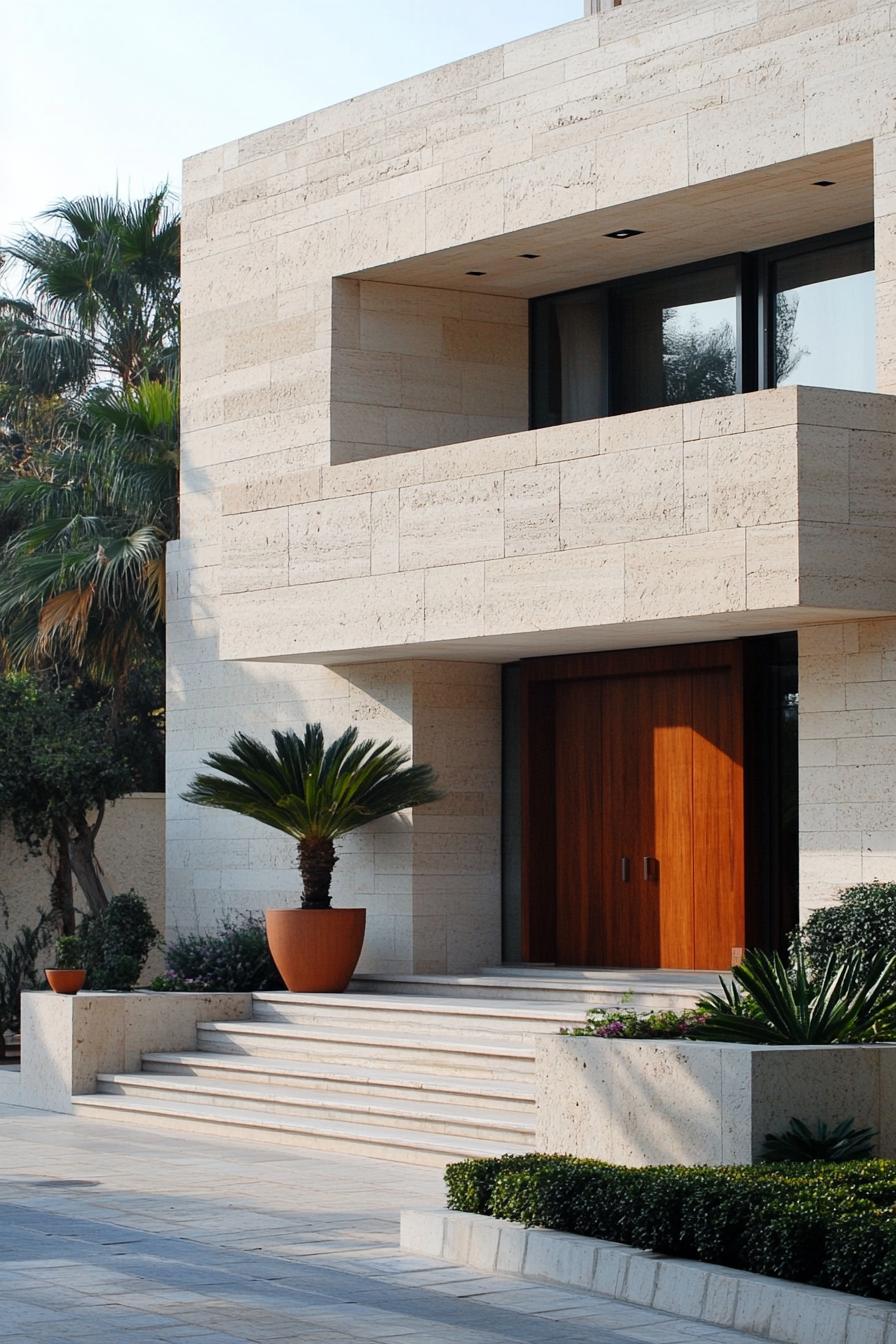 Modern house with stone cladding and wooden door