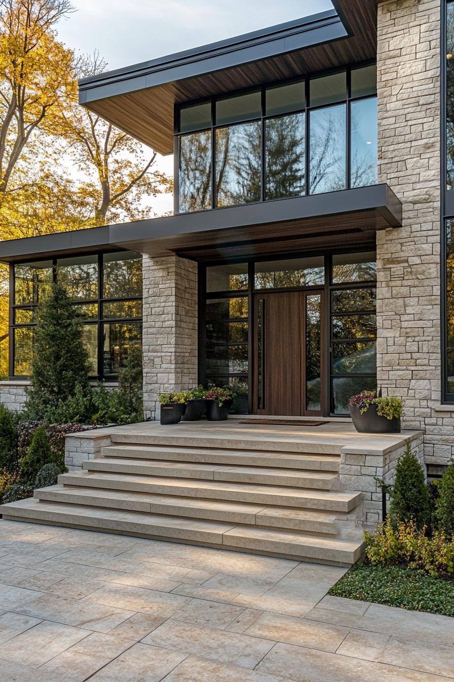 Modern house with stone facade and large windows