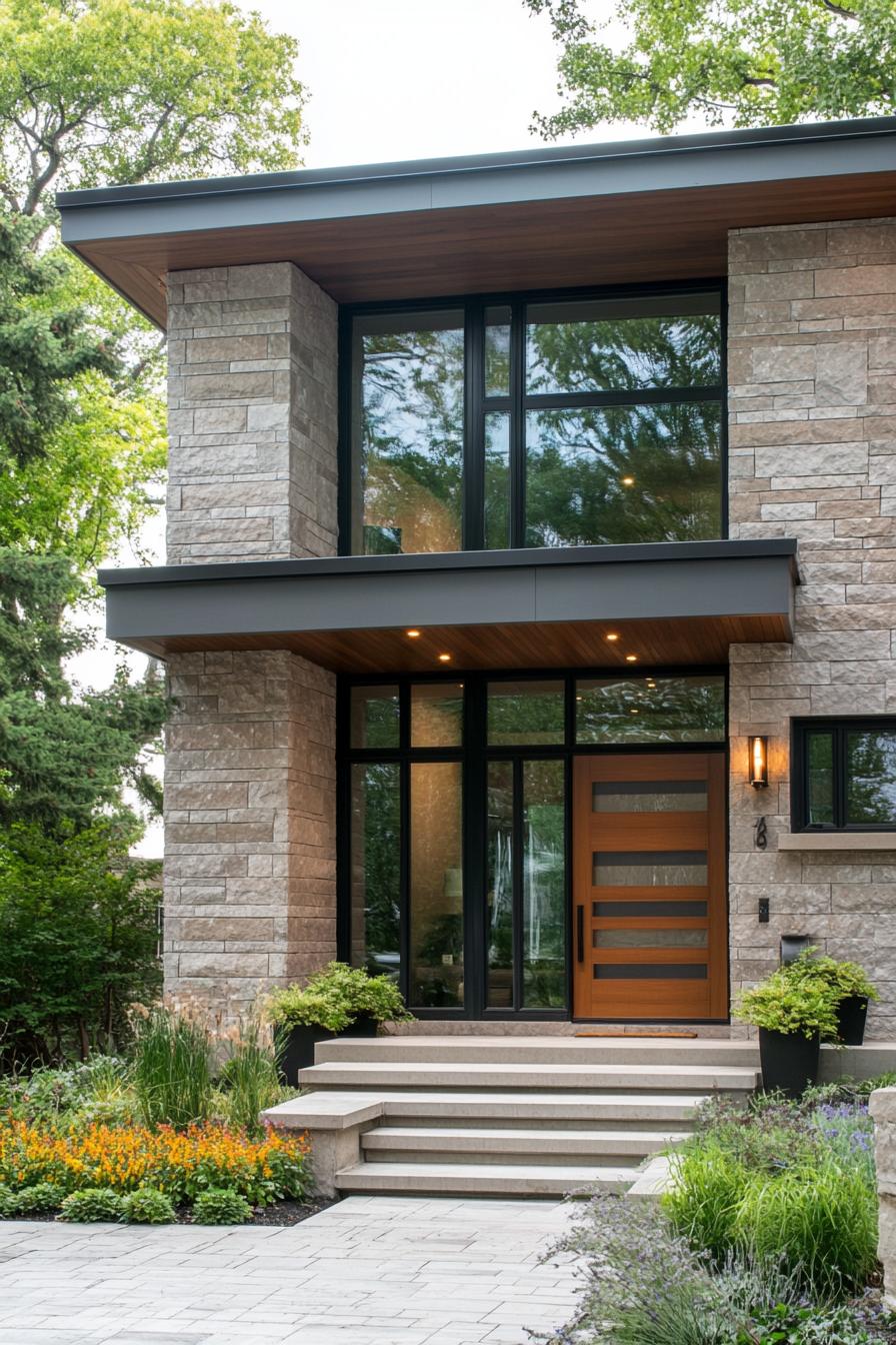 Front entrance of a stone facade house with lush landscaping