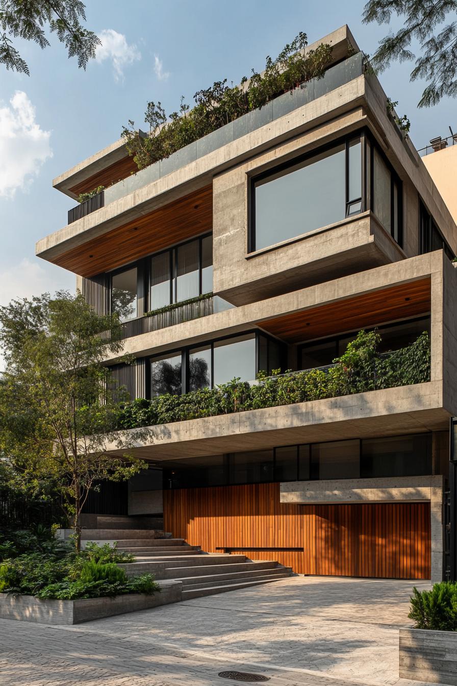 Contemporary building with concrete terraces and greenery